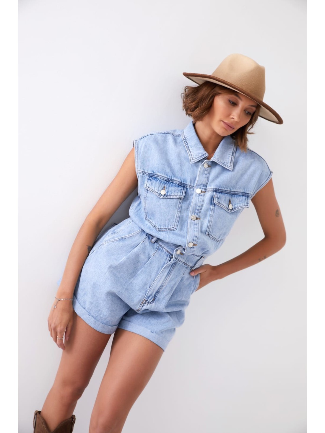 Short denim jumpsuit with collar 01630 - Online store - Boutique